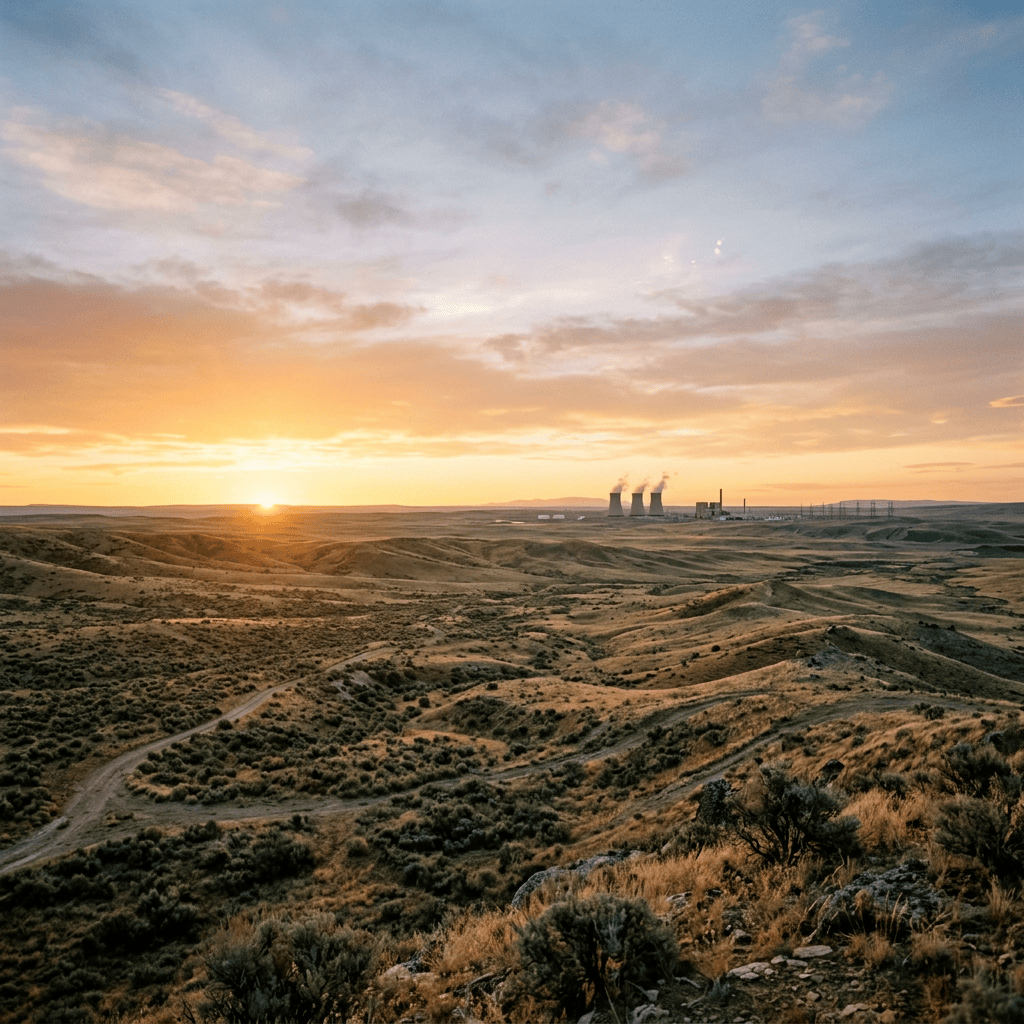Sunset over rolling desert hills with a distant power plant