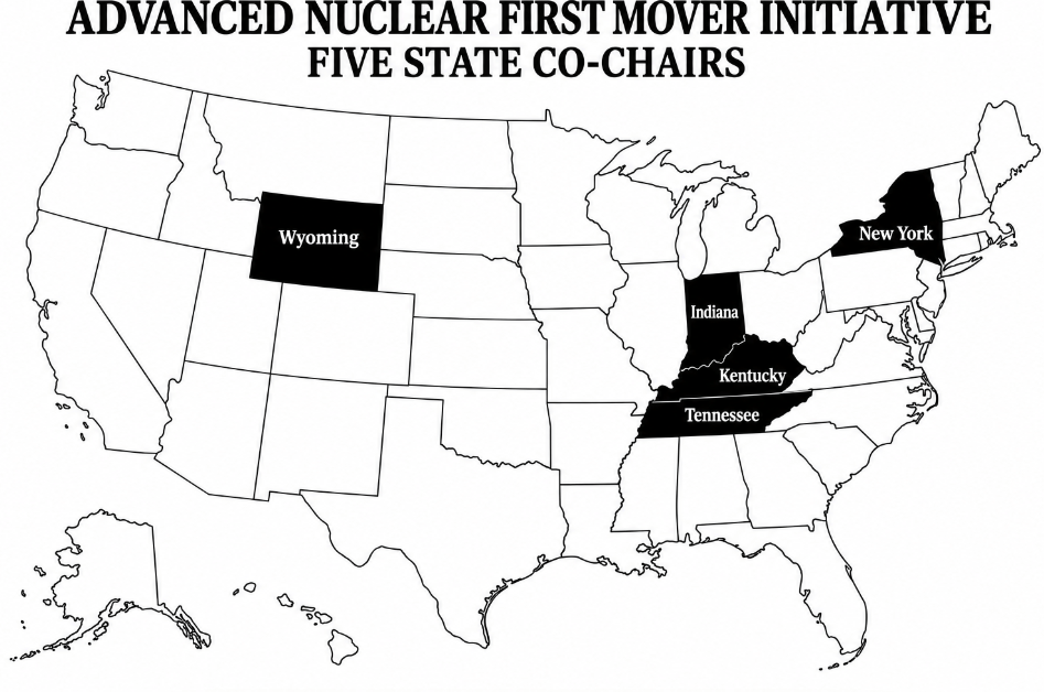 Map of the United States highlighting five states involved in the Advanced Nuclear First Mover Initiative: New York, Indiana, Kentucky, Tennessee, and Wyoming.