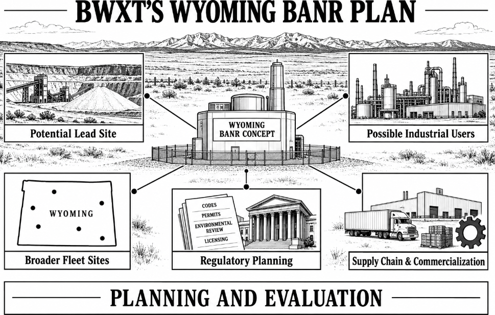 Illustration of BWXT's Wyoming BANR plan featuring potential lead site, Wyoming concept facility, possible industrial users, broader fleet sites, regulatory planning, and supply chain commercialization.