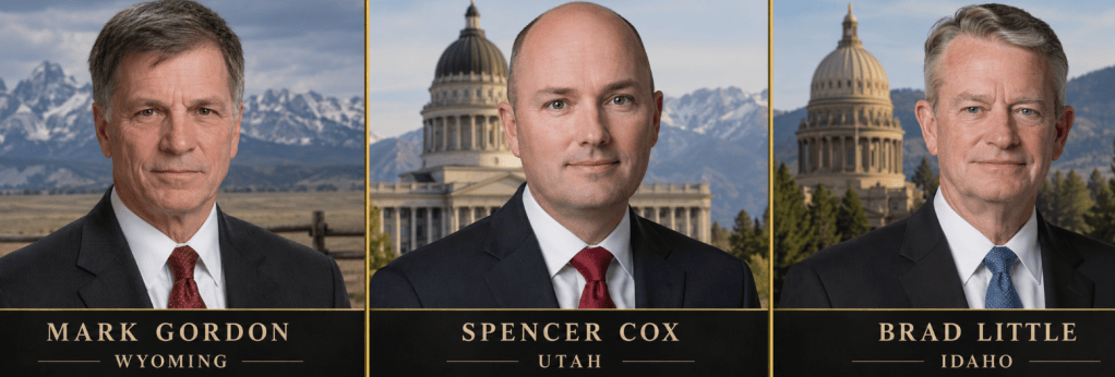 Portraits of three governors: Mark Gordon of Wyoming, Spencer Cox of Utah, and Brad Little of Idaho, set against a backdrop of mountains and state capitol buildings.